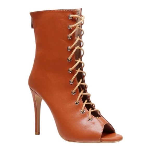NWT BURJU Sofiya Nude Open Toe Lace Up Ankle Boots | Size 10.5 - Picture 1 of 9